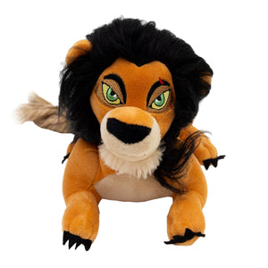 A plush toy resembling Scar from Disney's The Lion King, a villainous character with a dark mane and famous scar, made into a dog toy with a squeaker inside.