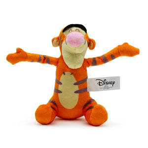 A plush dog toy in the shape of Tigger from Winnie the Pooh, featuring the character in a sitting pose with arms raised.