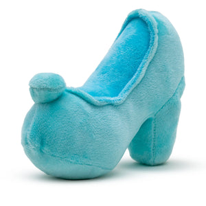 A plush dog toy designed to look like a light blue Cinderella glass slipper with a squeaker inside.