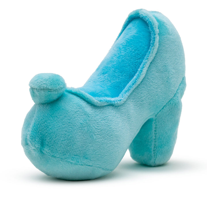 A plush dog toy designed to look like a light blue Cinderella glass slipper with a squeaker inside.
