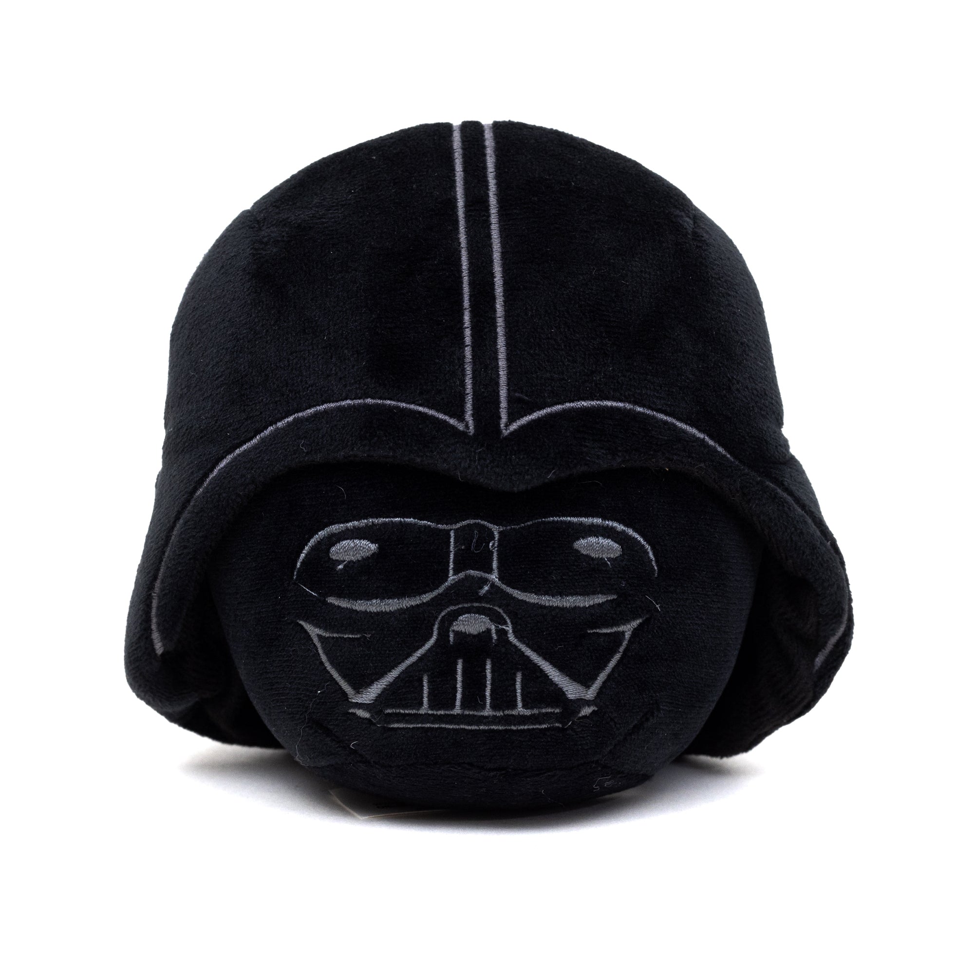 Black plush pillow shaped like Darth Vader's helmet from Star Wars on a white background