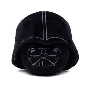 Black plush pillow shaped like Darth Vader's helmet from Star Wars on a white background