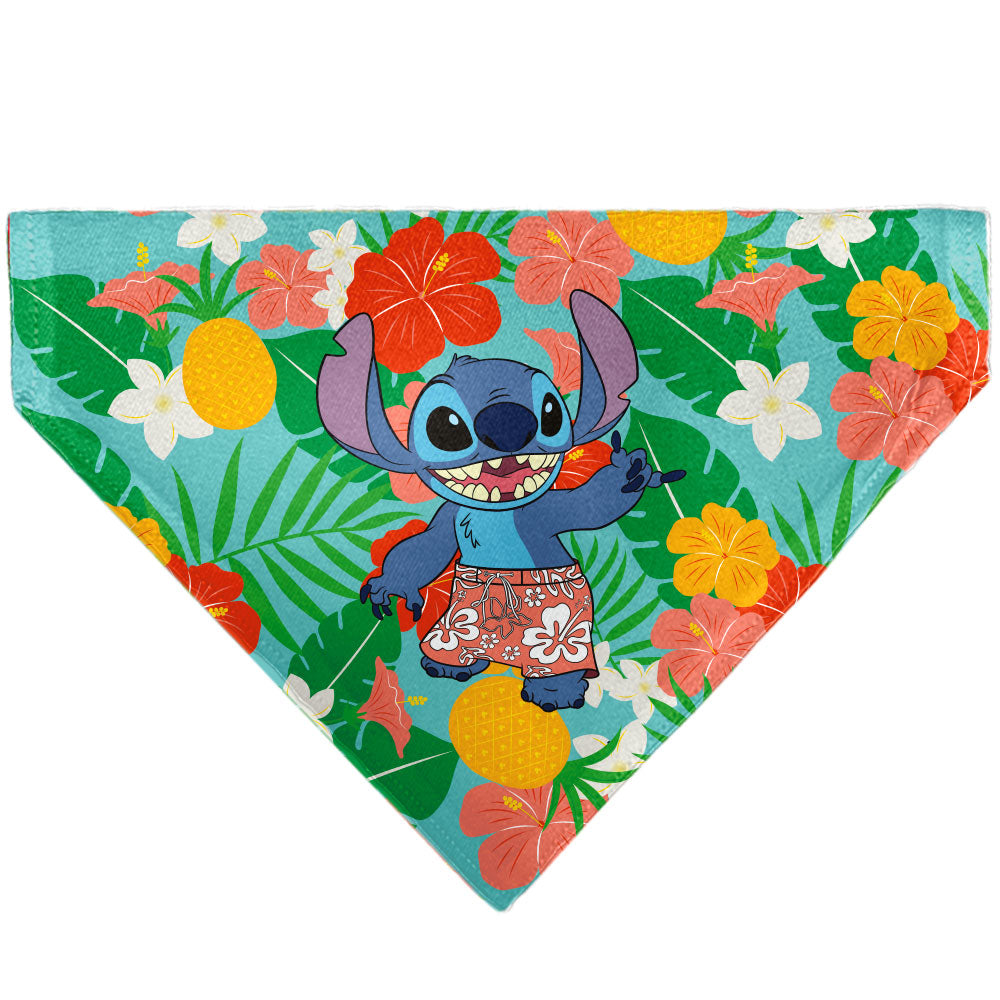Disney Lilo & Stitch Hang Loose Pet Bandana - Lilo & Stitch Stitch Hang Loose Pose Floral Collage Blue