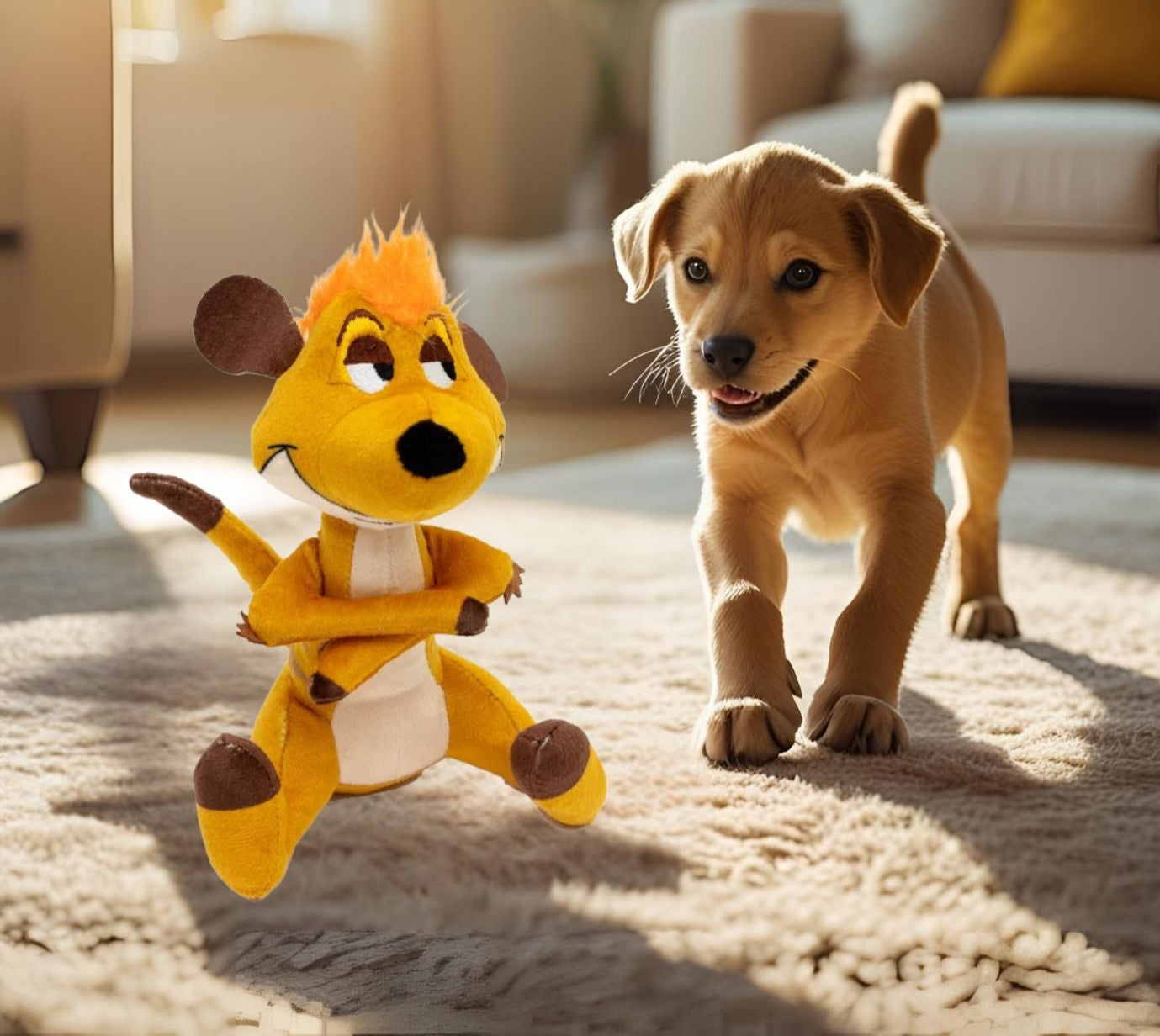 Dog playing with a Disney's Timon plush toy in a living room