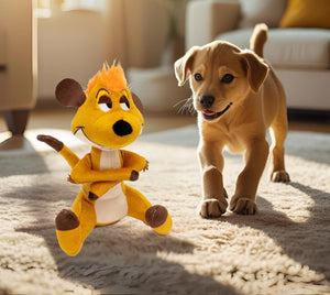 Dog playing with a Disney's Timon plush toy in a living room