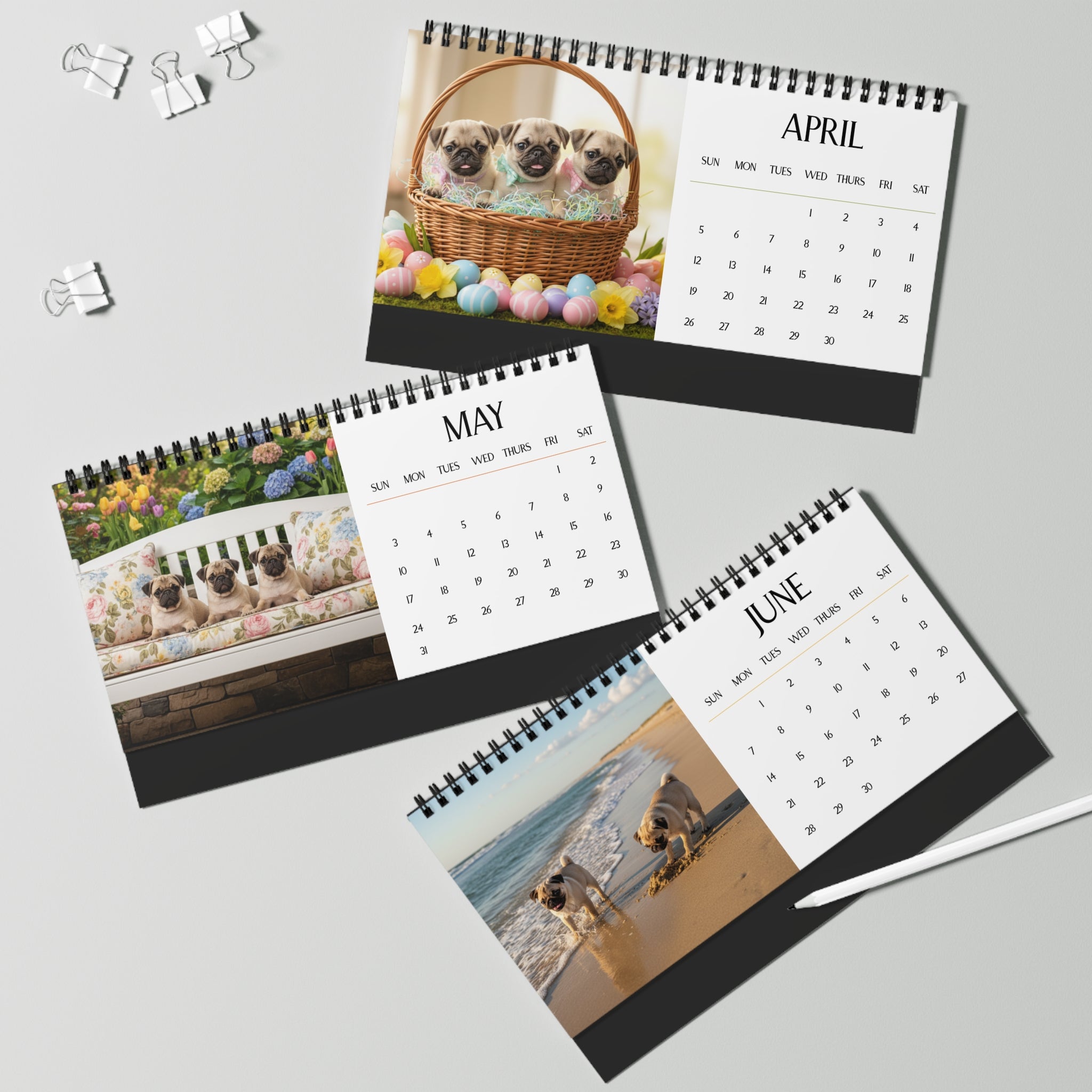 Pug Puppy Desktop Calendar 12 Months of Puggle Puppy Love Gift Dog Lover Calendar Monthly Puggles Calendar Stocking Stuffer