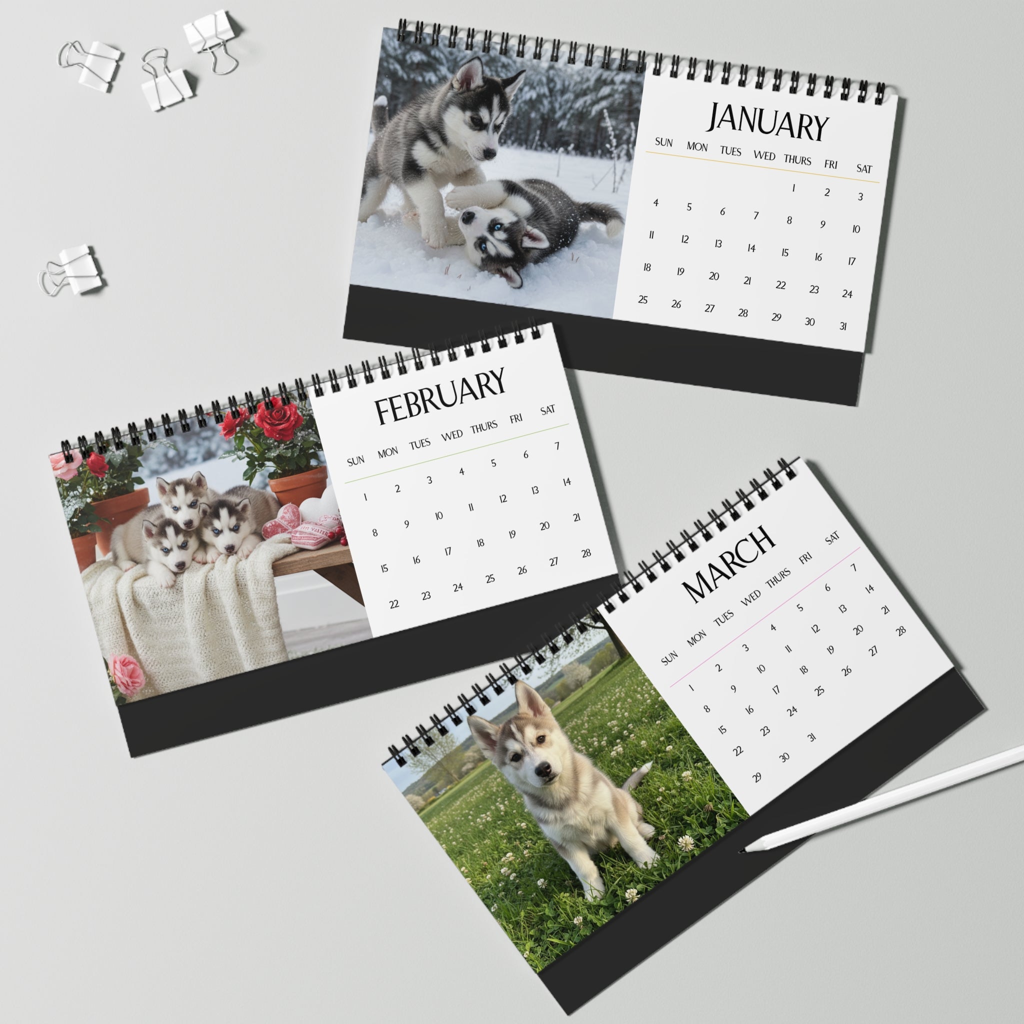 Husky Puppy Desktop Calendar 12 Months of Husky Love Siberian Husky Gift Dog Lover Calendar Monthly Husky Calendar Stocking Stuffer