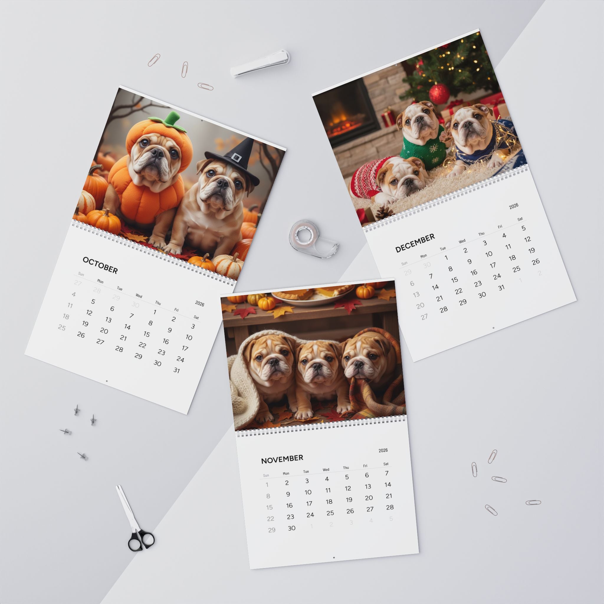 Bulldog Puppy Antics 2026 Wall Calendar – Full Size Seasonal Dog Photography Dog Mom Gift Office Party Gift Bulldog Lover Calendar Pet Calendar