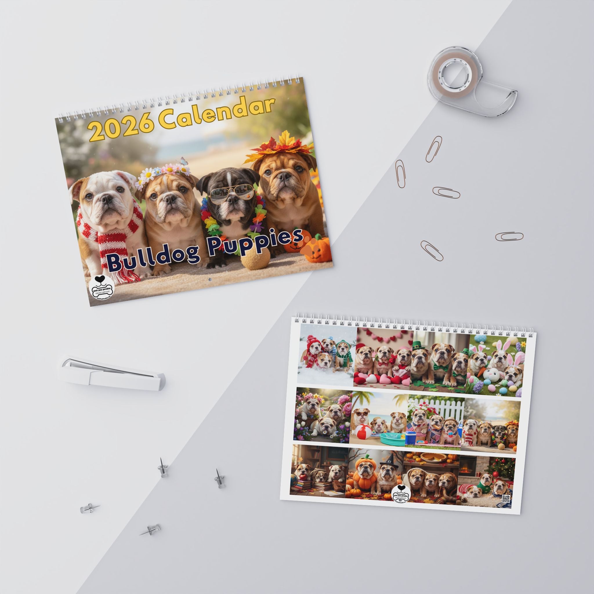 Bulldog Puppy Antics 2026 Wall Calendar – Full Size Seasonal Dog Photography Dog Mom Gift Office Party Gift Bulldog Lover Calendar Pet Calendar