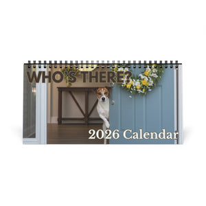 2026 calendar with a dog peeking out from behind a door, featuring the text 'WHO'S THERE?'