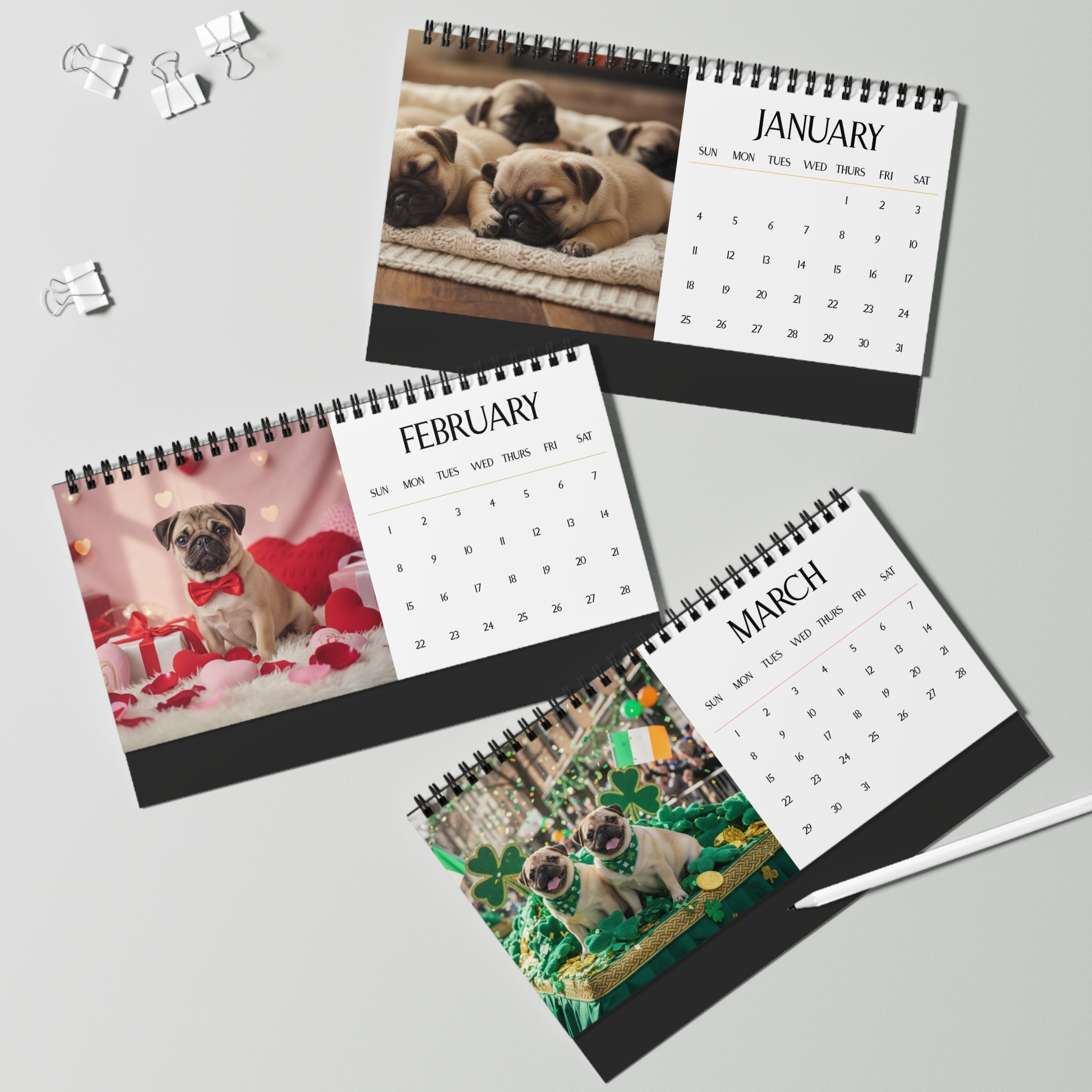 Pug Puppy Desktop Calendar 12 Months of Puggle Puppy Love Gift Dog Lover Calendar Monthly Puggles Calendar Stocking Stuffer