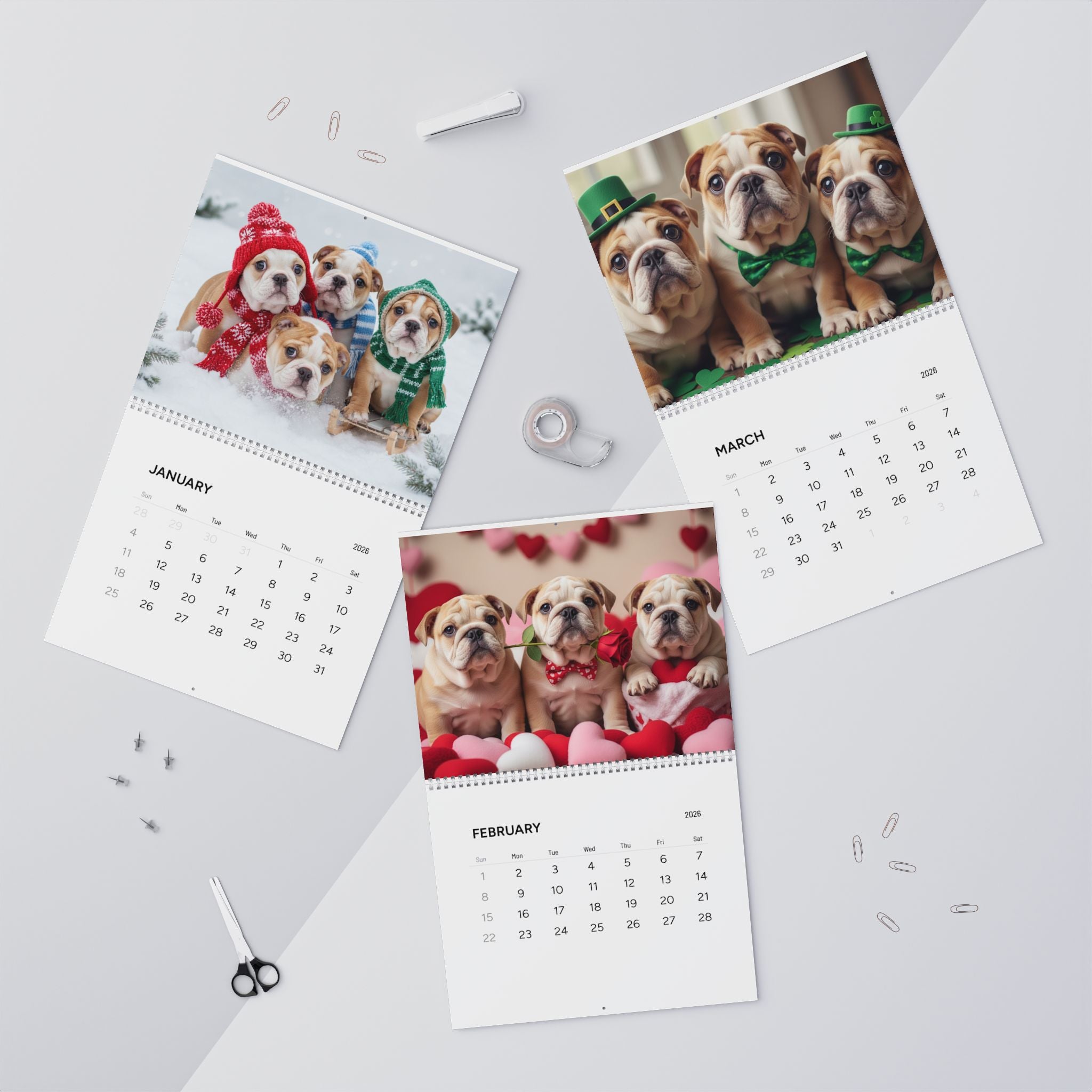 Bulldog Puppy Antics 2026 Wall Calendar – Full Size Seasonal Dog Photography Dog Mom Gift Office Party Gift Bulldog Lover Calendar Pet Calendar