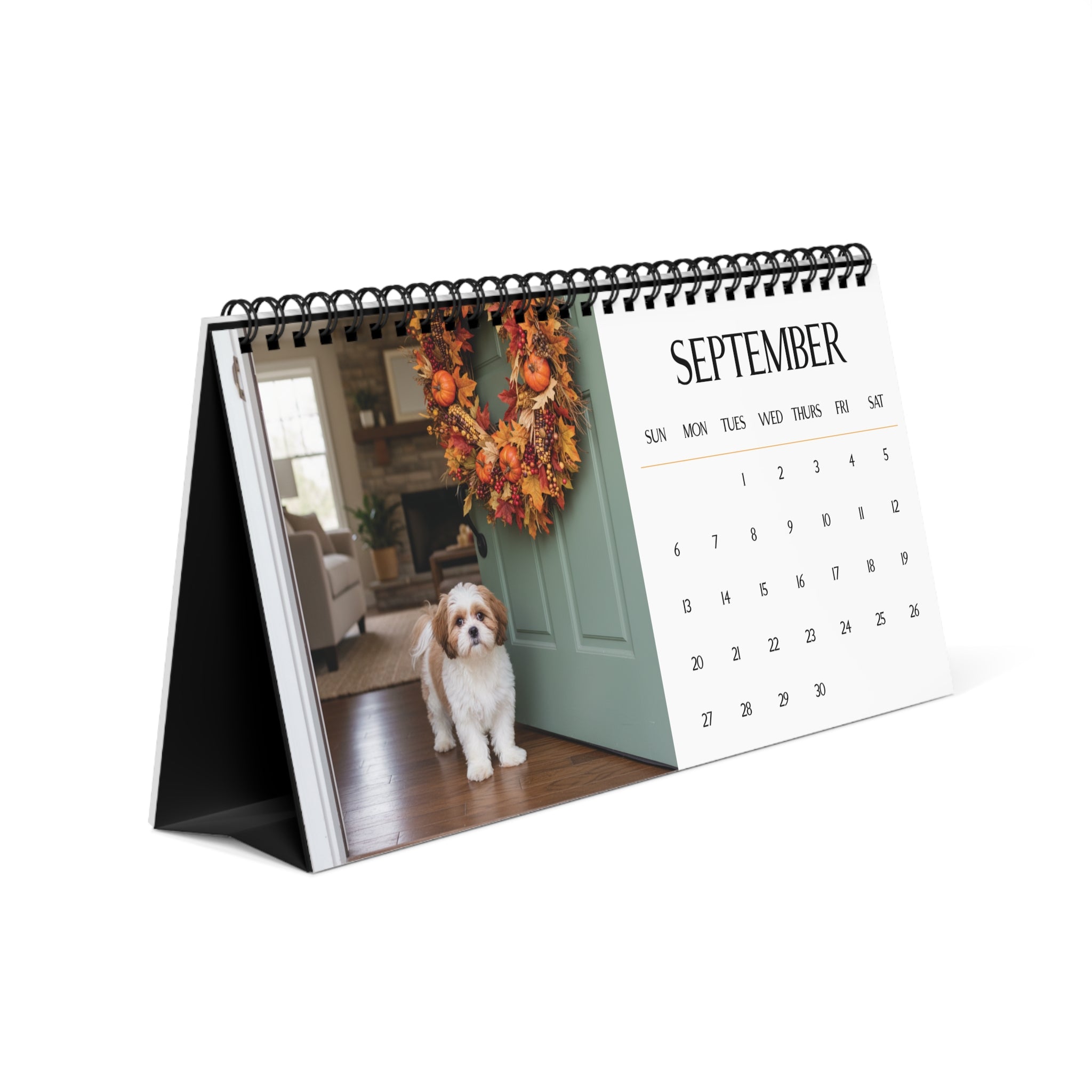multi dog desktop Calendar with a dog standing at the front door with monthly calendar to the right.