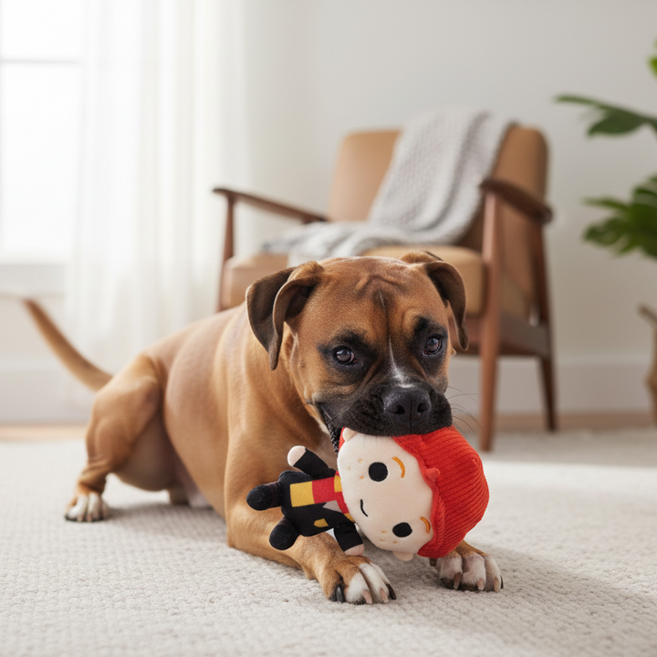 A brown and black dog lies on a light beige carpet in a bright living room, holding a Harry Potter Ron Weasley plush toy in its mouth.