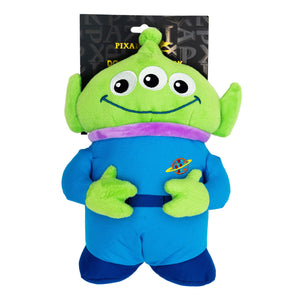 Plush toy resembling a green alien character from Pixar Toy Story , with a blue shirt and purple shirt underneath, on a white background.