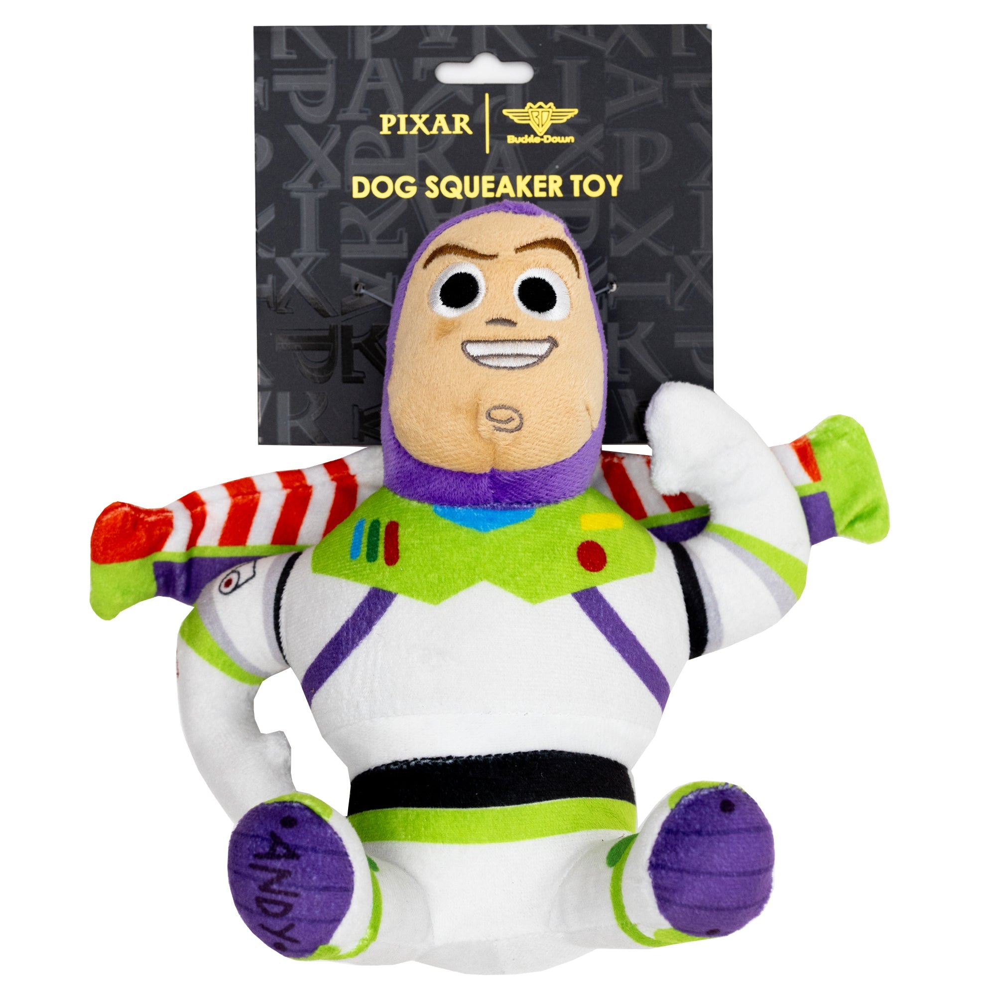 Buzz Lightyear dog squeaker toy with packaging featuring Pixar branding.