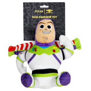 Buzz Lightyear dog squeaker toy with packaging featuring Pixar branding.