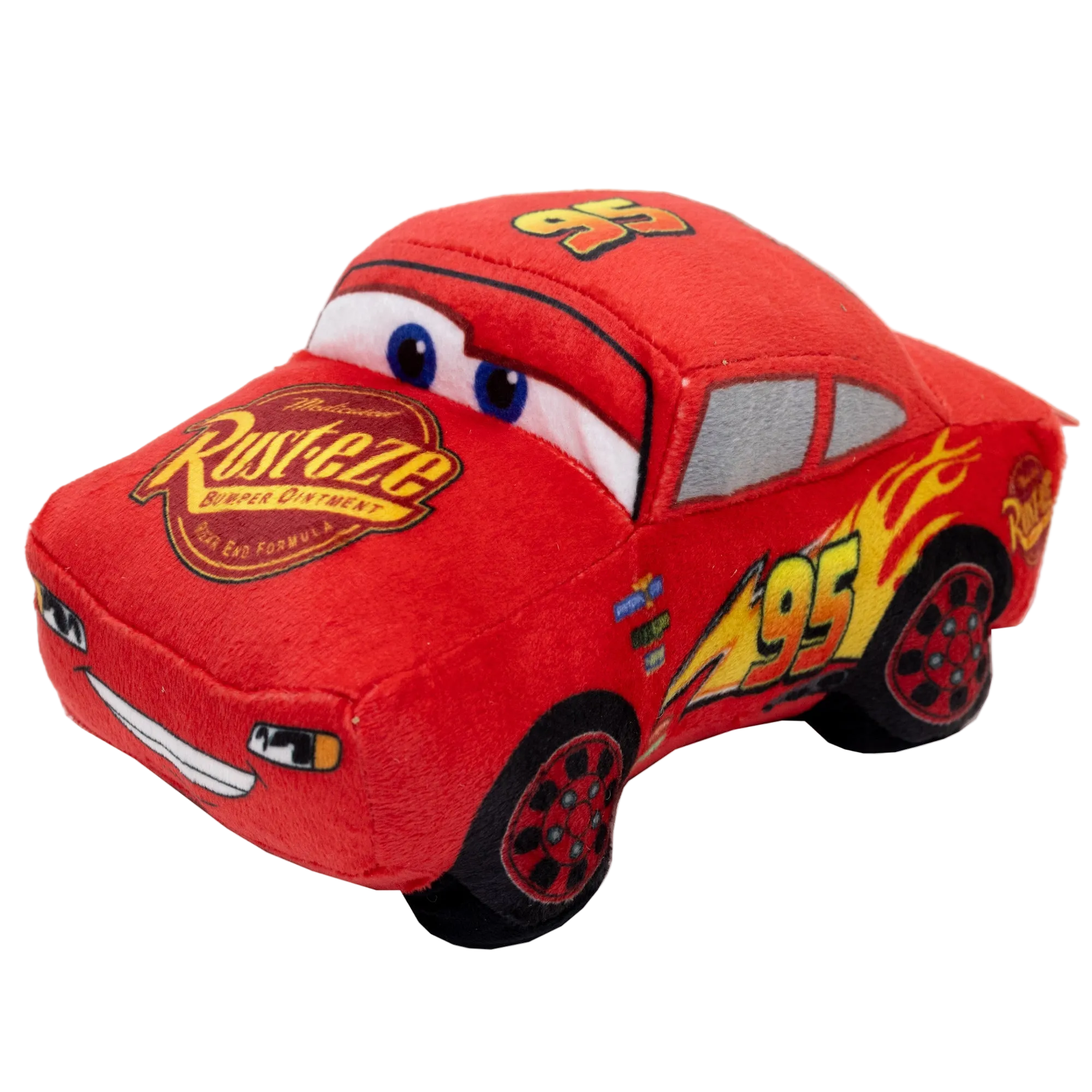 Red plush toy car with a smiley face on a white background