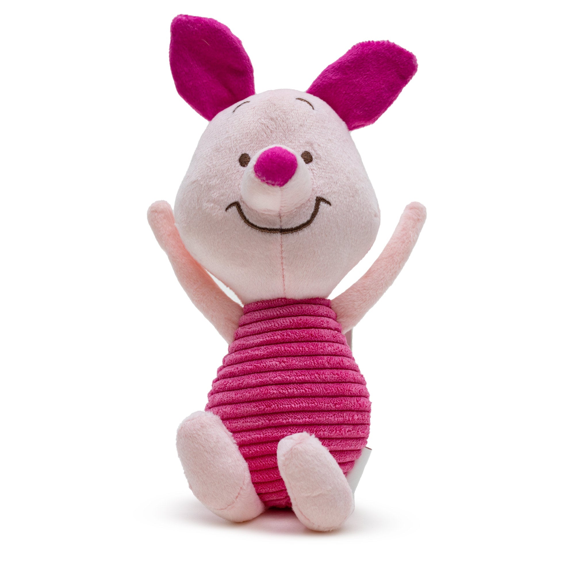 A plush dog toy in the shape of Winnie the Pooh Piglet with pink arms raised in a sitting pose.