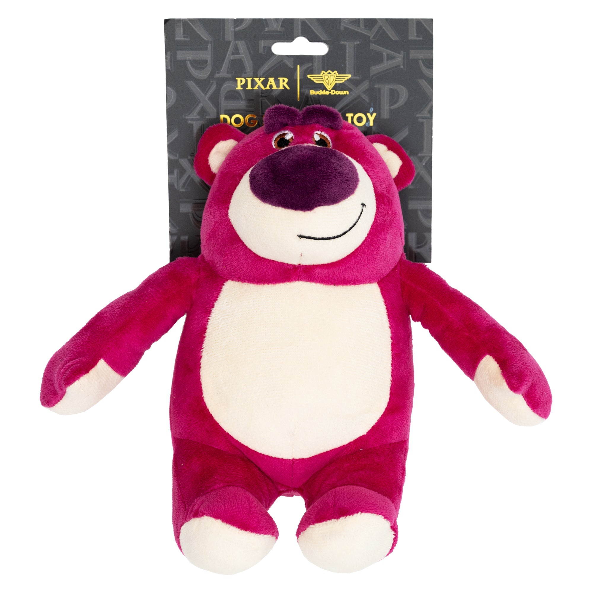 Pink Toy Story Lotso plush toy with white belly on a gray background, featuring Pixar branding.