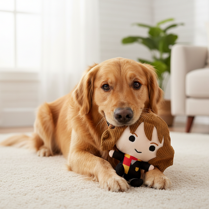 golden retriever playing with Hermoione plush squeakerdog toy