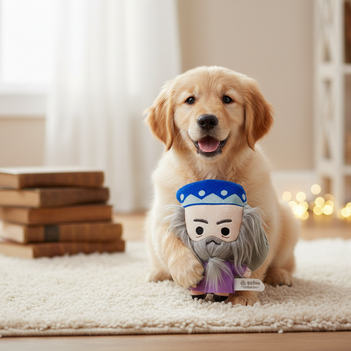 A golden retriever puppy sits on a cream rug in a bright room, holding a Dumbledore plush toy with a blue crown and gray beard.