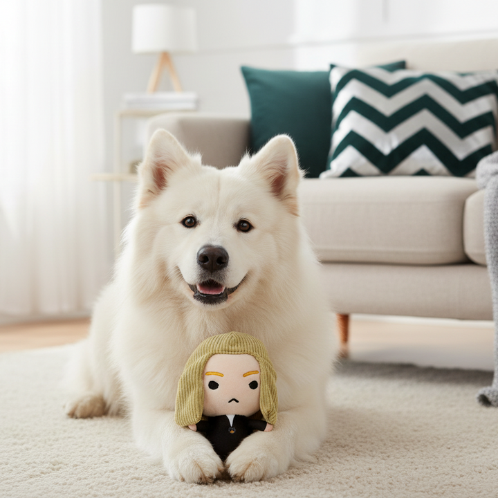 A fluffy white dog lies on a light beige carpet in a bright living room, holding a small Lucius Malfoy plush character toy with a gold hood and black outfit.