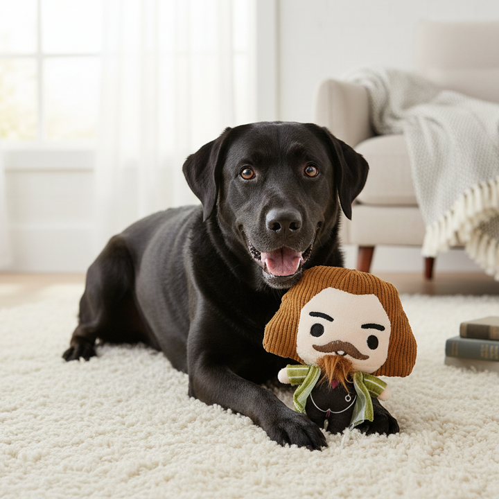 A black dog lies on a white shag rug in a bright living room, holding a small Sirius Black plush character toy with brown hair, a mustache, and a green shirt.