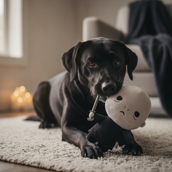 A black dog lying on a beige rug in a softly lit living room, holding a Lord Voldemort plush toy with a sad face in its mouth.