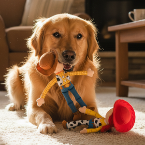 golden retriever playing with Woody Toy Story and Jessie plush toys