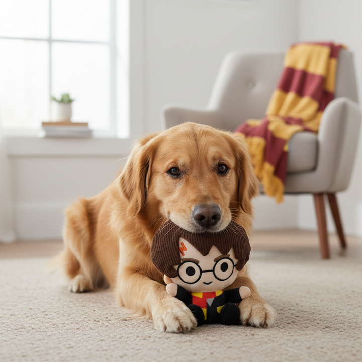 A golden retriever dog lies on a beige carpet in a bright living room, holding a small plush Harry Potter character toy in its mouth. A gray armchair with a yellow and maroon blanket is blurred in the background.