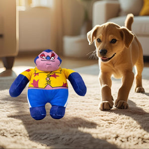 Dog playing with a colorful Jumba plush toy in a living room.