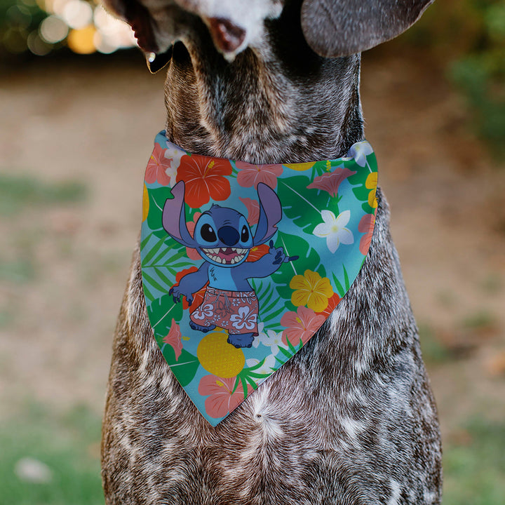 Disney Lilo & Stitch Hang Loose Pet Bandana - Lilo & Stitch Stitch Hang Loose Pose Floral Collage Blue