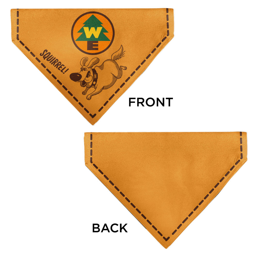 Pet Bandana - Up Dug SQUIRREL Pose and Wilderness Explorer Badge Orange | Funny DogBandana
