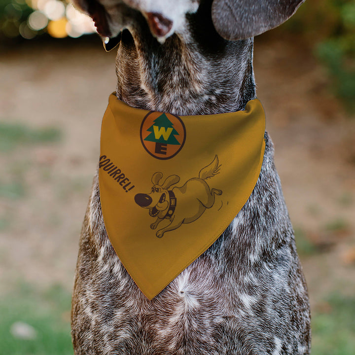 Pet Bandana - Up Dug SQUIRREL Pose and Wilderness Explorer Badge Orange | Funny DogBandana