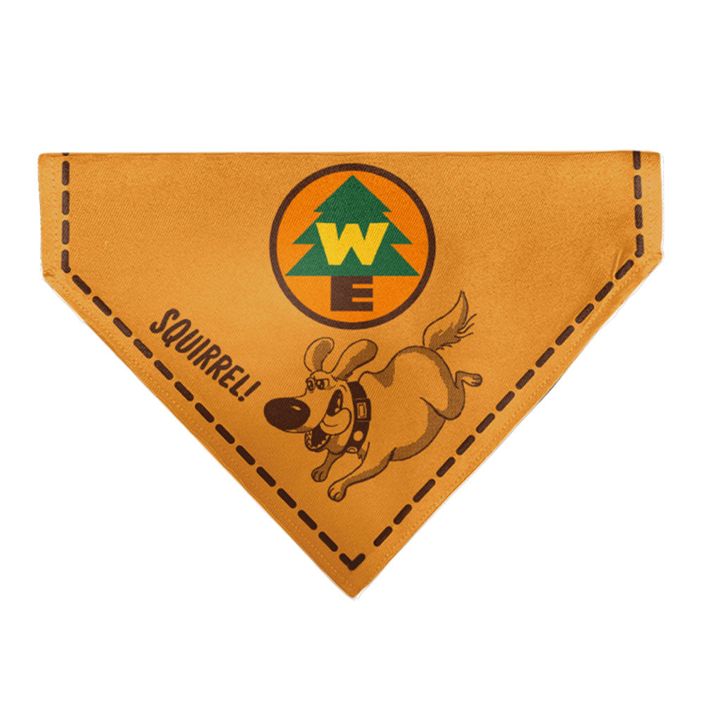 Pet Bandana - Up Dug SQUIRREL Pose and Wilderness Explorer Badge Orange | Funny DogBandana