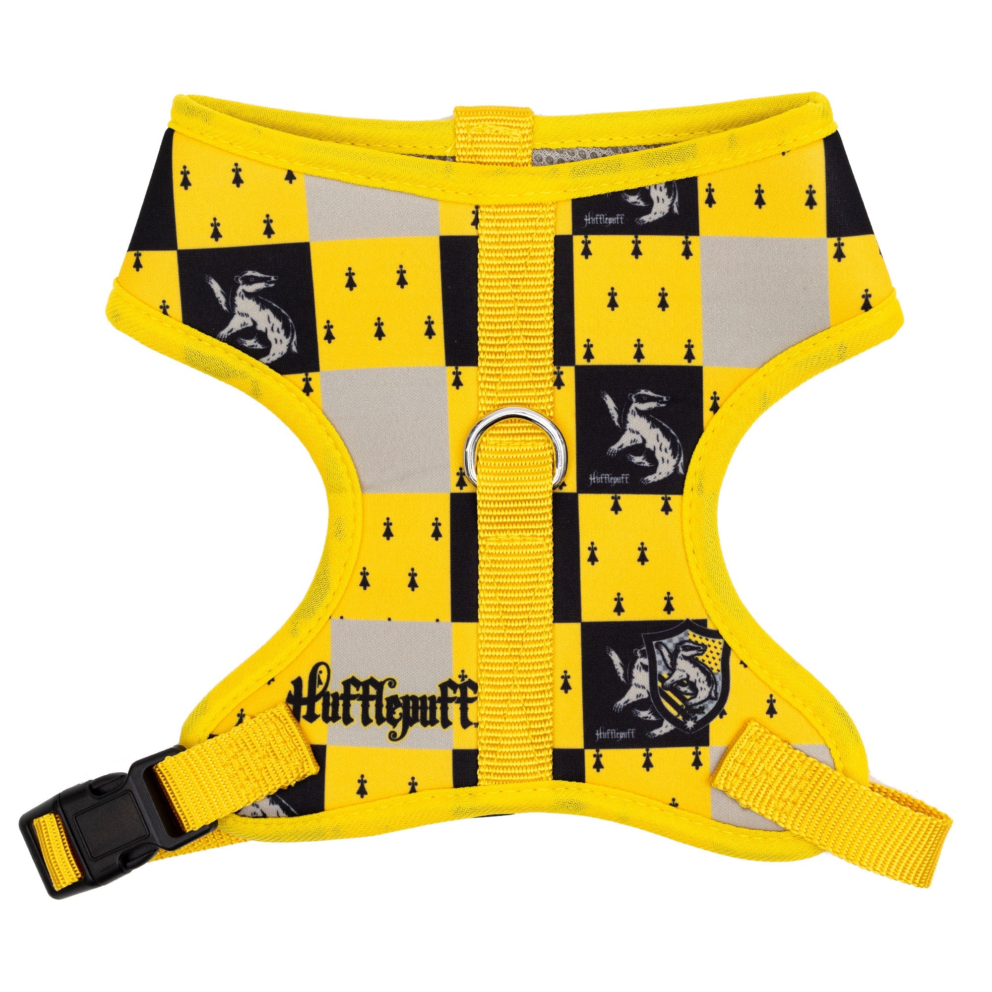 Yellow dog harness with Hufflepuff pattern on a white background