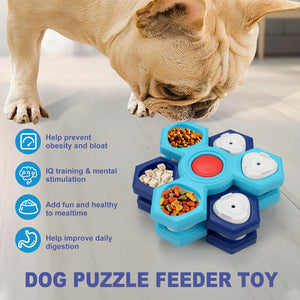 Dog puzzle feeder toy with a dog eating from it, on a light surface.
